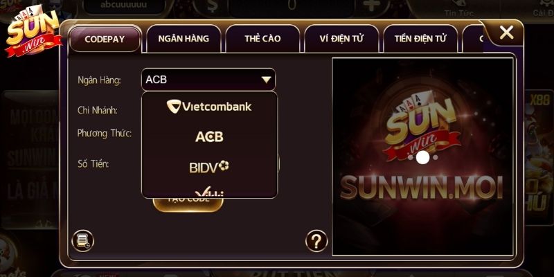 Phương thức nạp tiền Sunwin phổ biến